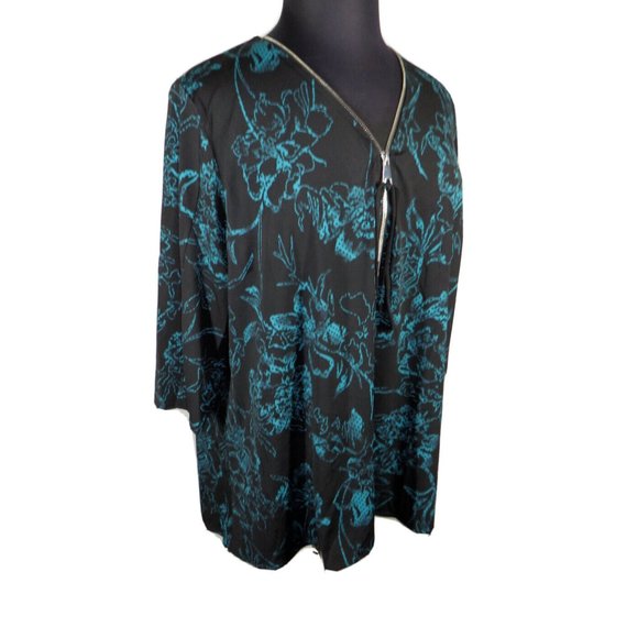 Avenue Women's Black And Teal Floral Blouse Zipper Detail Plus Size 22-24 - Picture 6 of 9